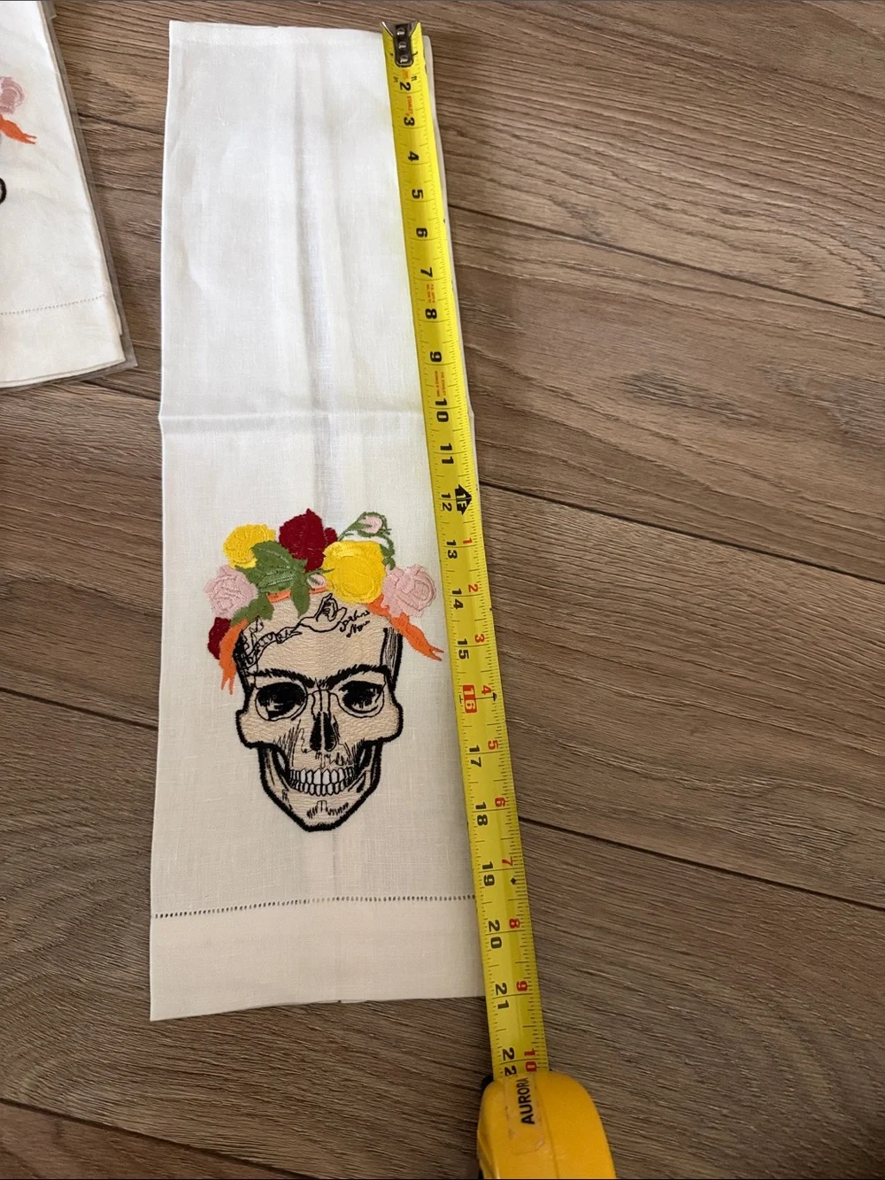 Embroidered Skull Floral Hand Towel - White